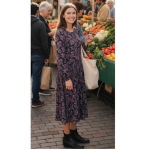 VTG 90s Komil Dark Floral Midi Dress L Long Sleeve Boho Pockets Button Up Easter